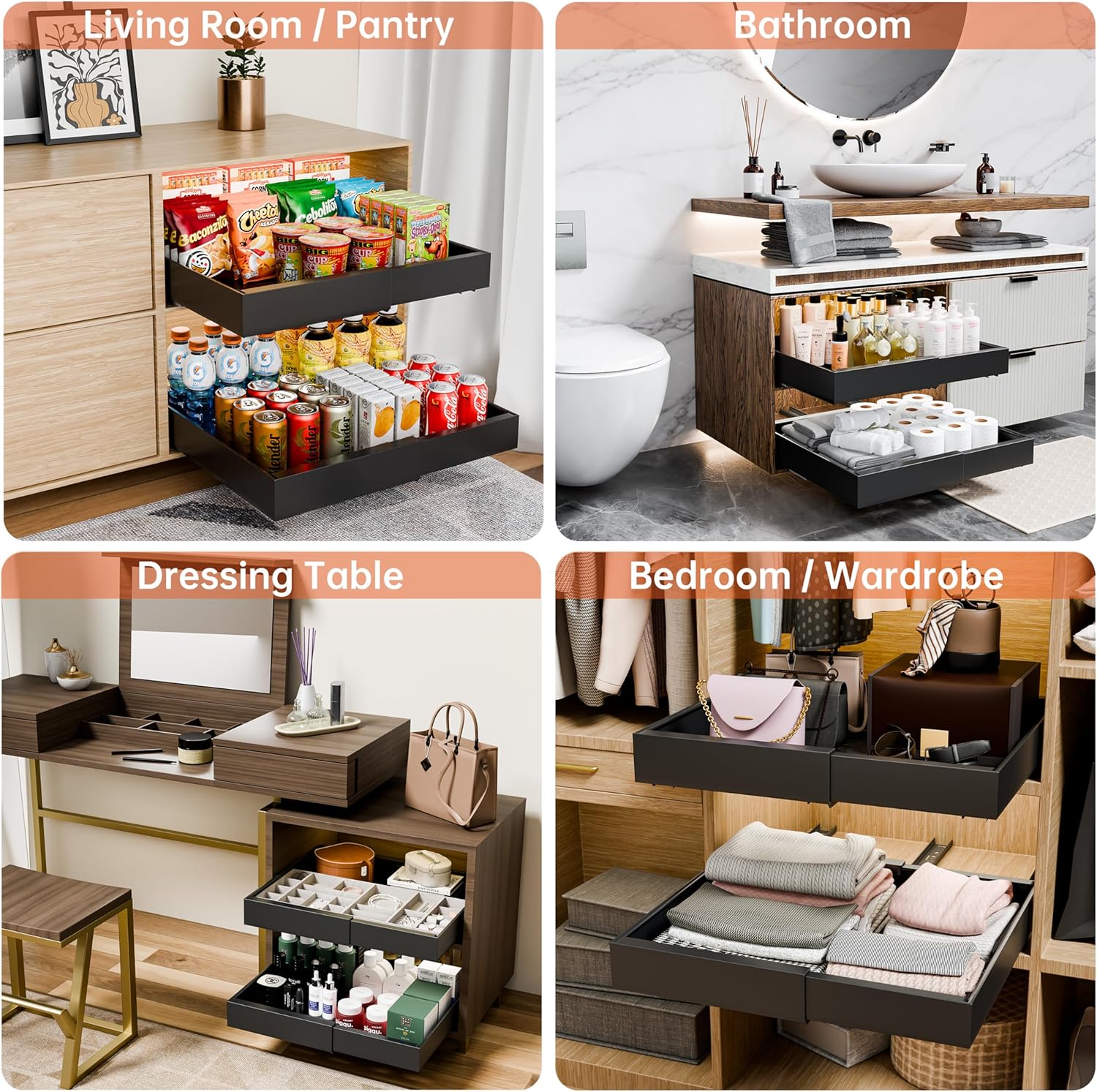 CARLA HOME 2 Pack Pull Out Cabinet Organizer Expandable for Cabinets with Adjustable Slide Out Shelves and Easy Installation (Black)-1978962260428722180