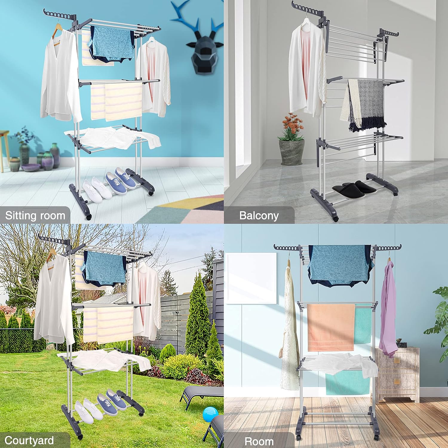 CARLA HOME Folding Clothes Drying Rack with Wheels and Adjustable Side Wings for Laundry Rack and Clothes Storage (Upgraded Model)-1978962261296943106