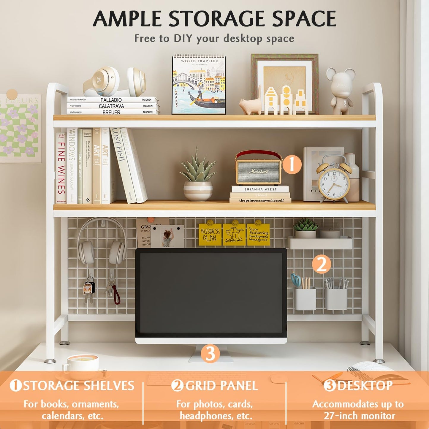 CARLA HOME  2-Tier Metal Desktop Hutch Bookshelf with Grid Panel for Computer Desk and Office Countertop-1978962261632487426