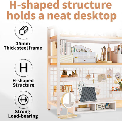 CARLA HOME  2-Tier Metal Desktop Hutch Bookshelf with Grid Panel for Computer Desk and Office Countertop-1978962261632487429