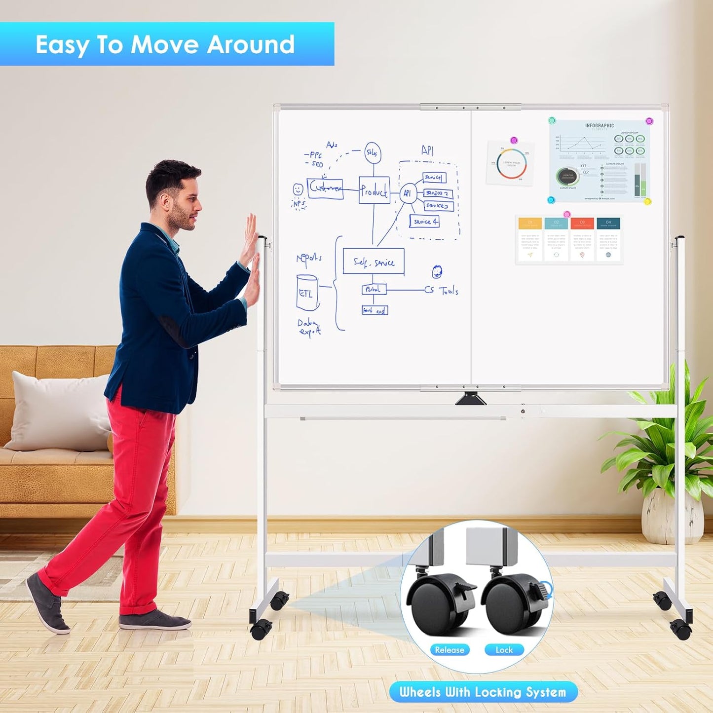 CARLA HOME Double-Sided Magnetic Whiteboard 120x90cm with Wheels, Reversible Design for School, Office & Home-1978962261968031748
