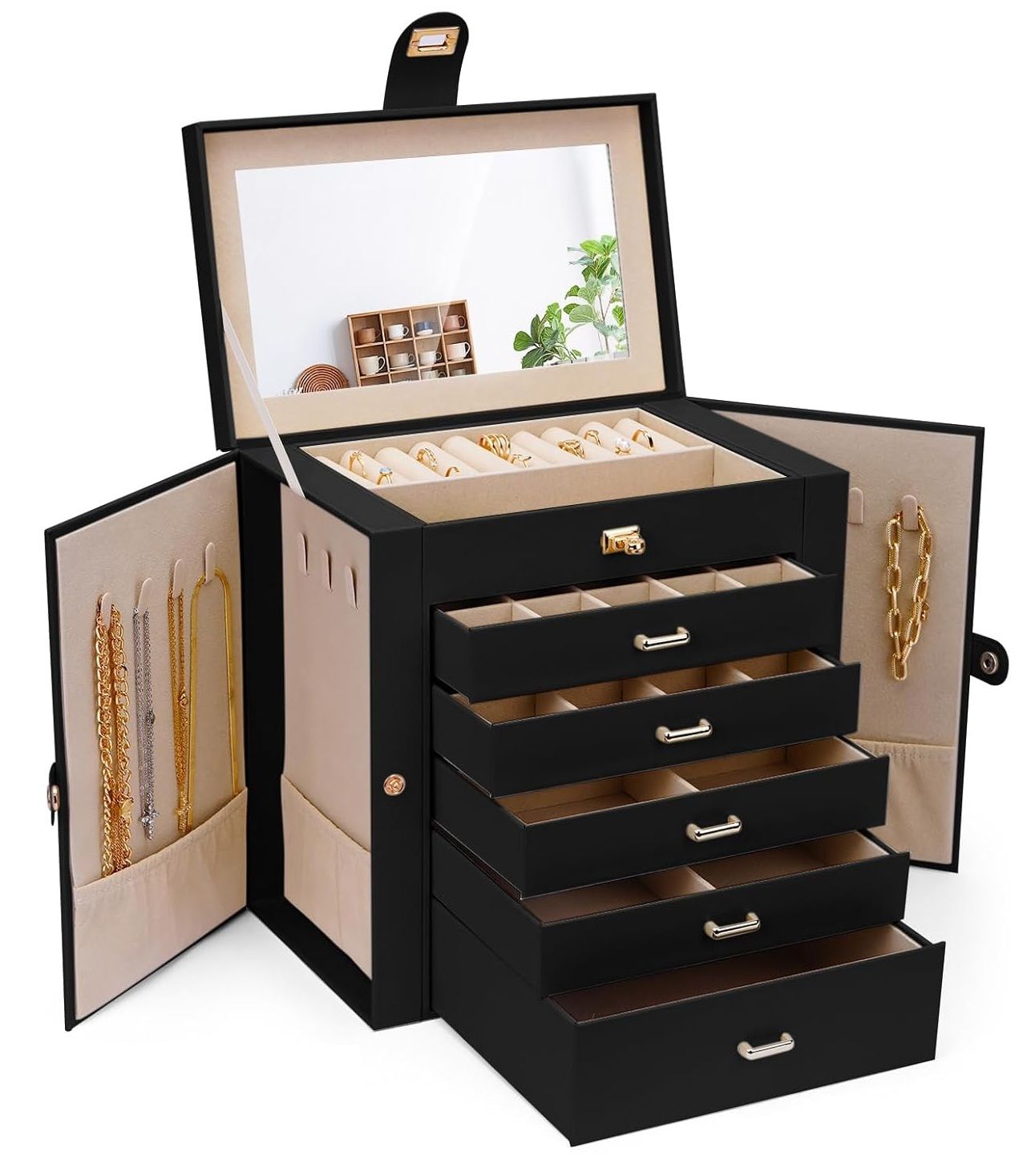 CARLA HOME 6-Layer Large Jewelry Box for Women with Drawers, Mirror, Lock, Necklace Hooks & Side Compartments for Rings, Earrings, Bracelets, Gifts (Black)-1978962262467153920