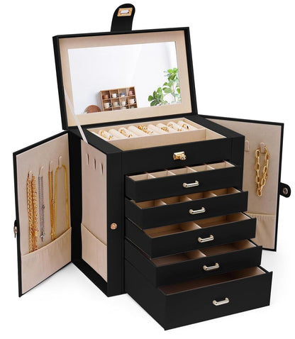 CARLA HOME 6-Layer Large Jewelry Box for Women with Drawers, Mirror, Lock, Necklace Hooks & Side Compartments for Rings, Earrings, Bracelets, Gifts (Black)-1978962262467153920
