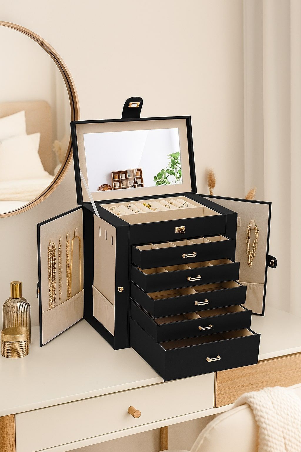 CARLA HOME 6-Layer Large Jewelry Box for Women with Drawers, Mirror, Lock, Necklace Hooks & Side Compartments for Rings, Earrings, Bracelets, Gifts (Black)-1978962262467153921
