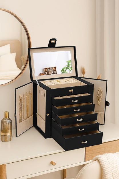 CARLA HOME 6-Layer Large Jewelry Box for Women with Drawers, Mirror, Lock, Necklace Hooks & Side Compartments for Rings, Earrings, Bracelets, Gifts (Black)-1978962262467153921