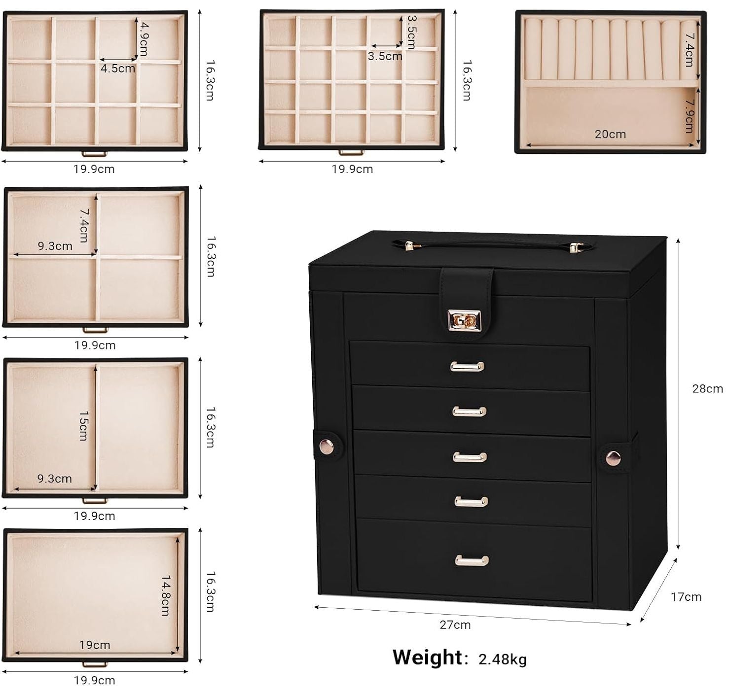 CARLA HOME 6-Layer Large Jewelry Box for Women with Drawers, Mirror, Lock, Necklace Hooks & Side Compartments for Rings, Earrings, Bracelets, Gifts (Black)-1978962262467153922