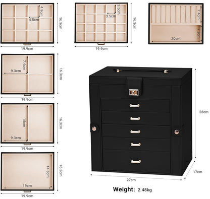 CARLA HOME 6-Layer Large Jewelry Box for Women with Drawers, Mirror, Lock, Necklace Hooks & Side Compartments for Rings, Earrings, Bracelets, Gifts (Black)-1978962262467153922