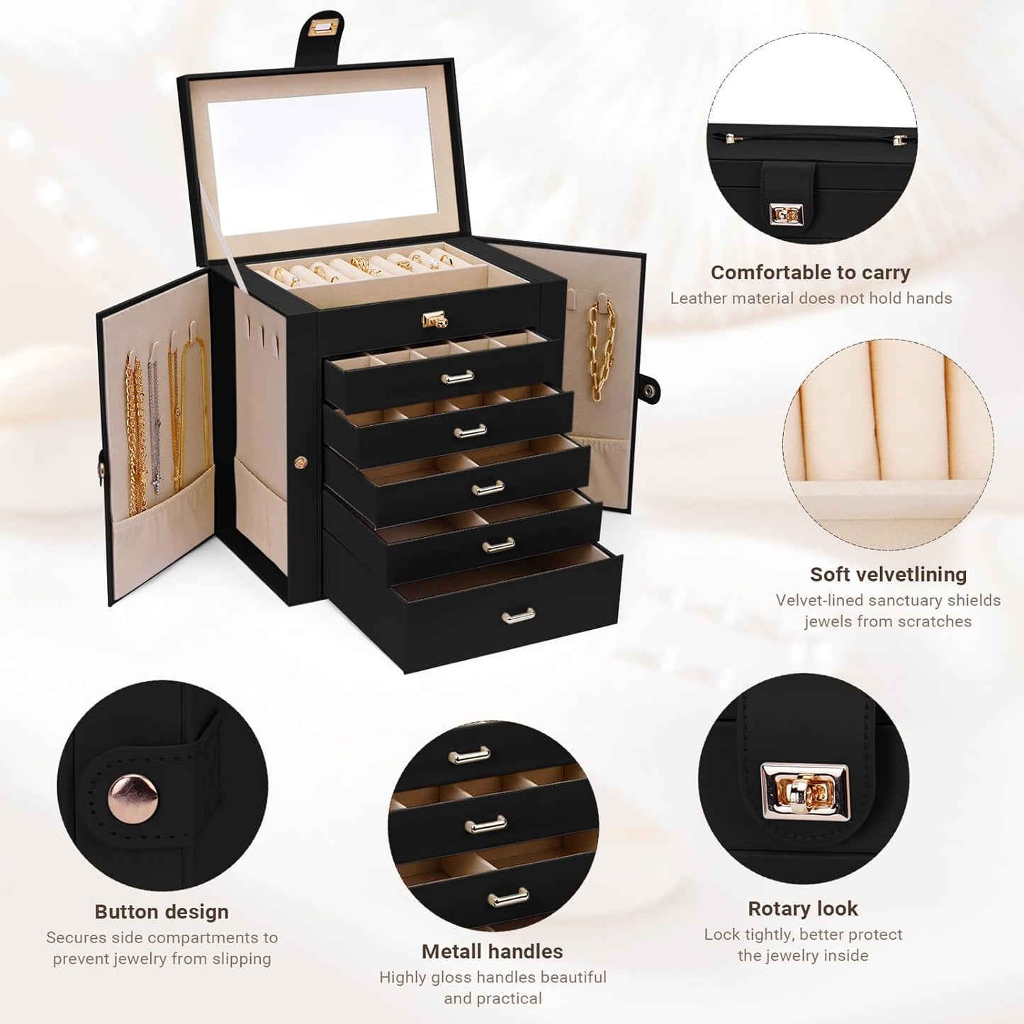 CARLA HOME 6-Layer Large Jewelry Box for Women with Drawers, Mirror, Lock, Necklace Hooks & Side Compartments for Rings, Earrings, Bracelets, Gifts (Black)-1978962262467153924