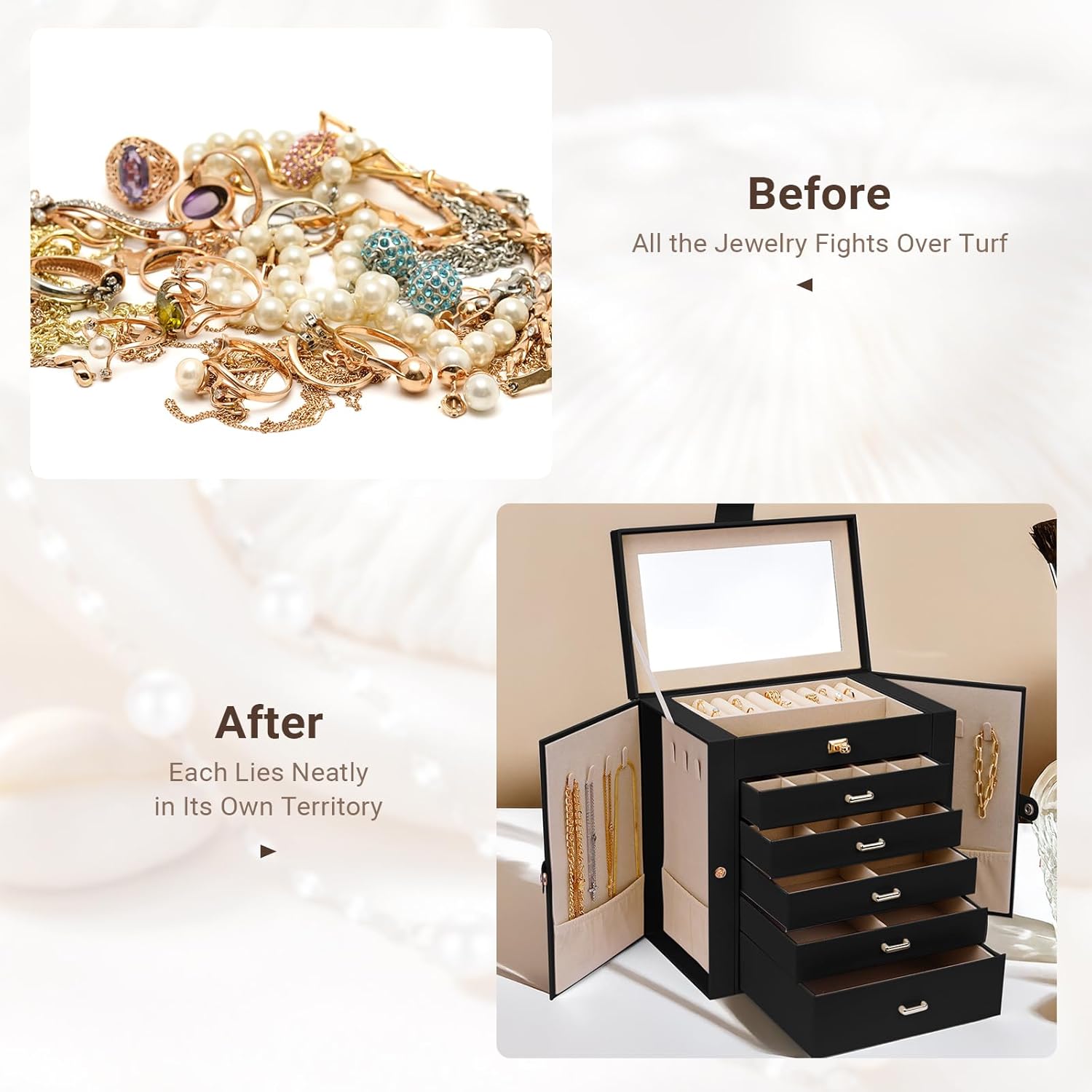 CARLA HOME 6-Layer Large Jewelry Box for Women with Drawers, Mirror, Lock, Necklace Hooks & Side Compartments for Rings, Earrings, Bracelets, Gifts (Black)-1978962262467153925
