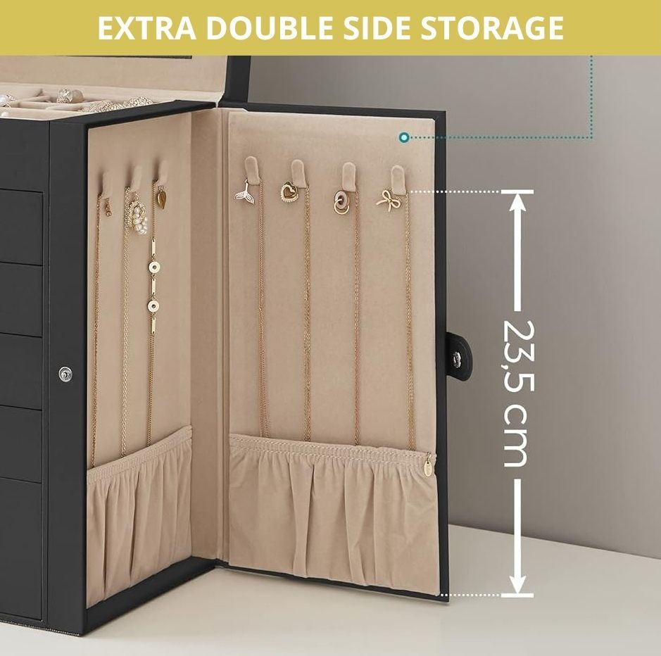 CARLA HOME 6-Layer Large Jewelry Box for Women with Drawers, Mirror, Lock, Necklace Hooks & Side Compartments for Rings, Earrings, Bracelets, Gifts (Black)-1978962262467153927