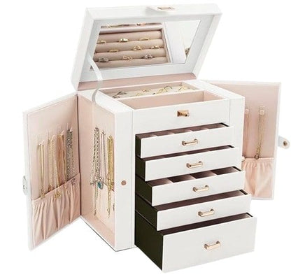 CARLA HOME 6-Layer Large Jewelry Box for Women with Drawers, Mirror, Lock, Necklace Hooks & Side Compartments for Rings, Earrings, Bracelets, Gifts (White)-1978962262630731776