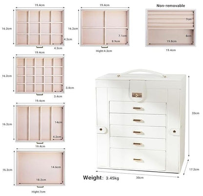 CARLA HOME 6-Layer Large Jewelry Box for Women with Drawers, Mirror, Lock, Necklace Hooks & Side Compartments for Rings, Earrings, Bracelets, Gifts (White)-1978962262630731778
