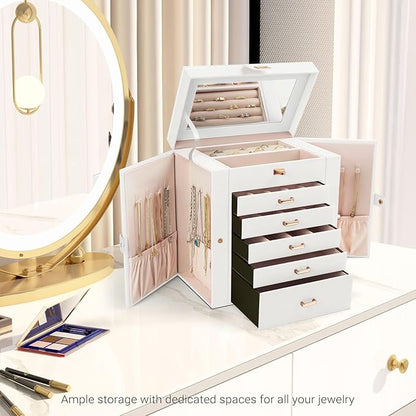 CARLA HOME 6-Layer Large Jewelry Box for Women with Drawers, Mirror, Lock, Necklace Hooks & Side Compartments for Rings, Earrings, Bracelets, Gifts (White)-1978962262630731779