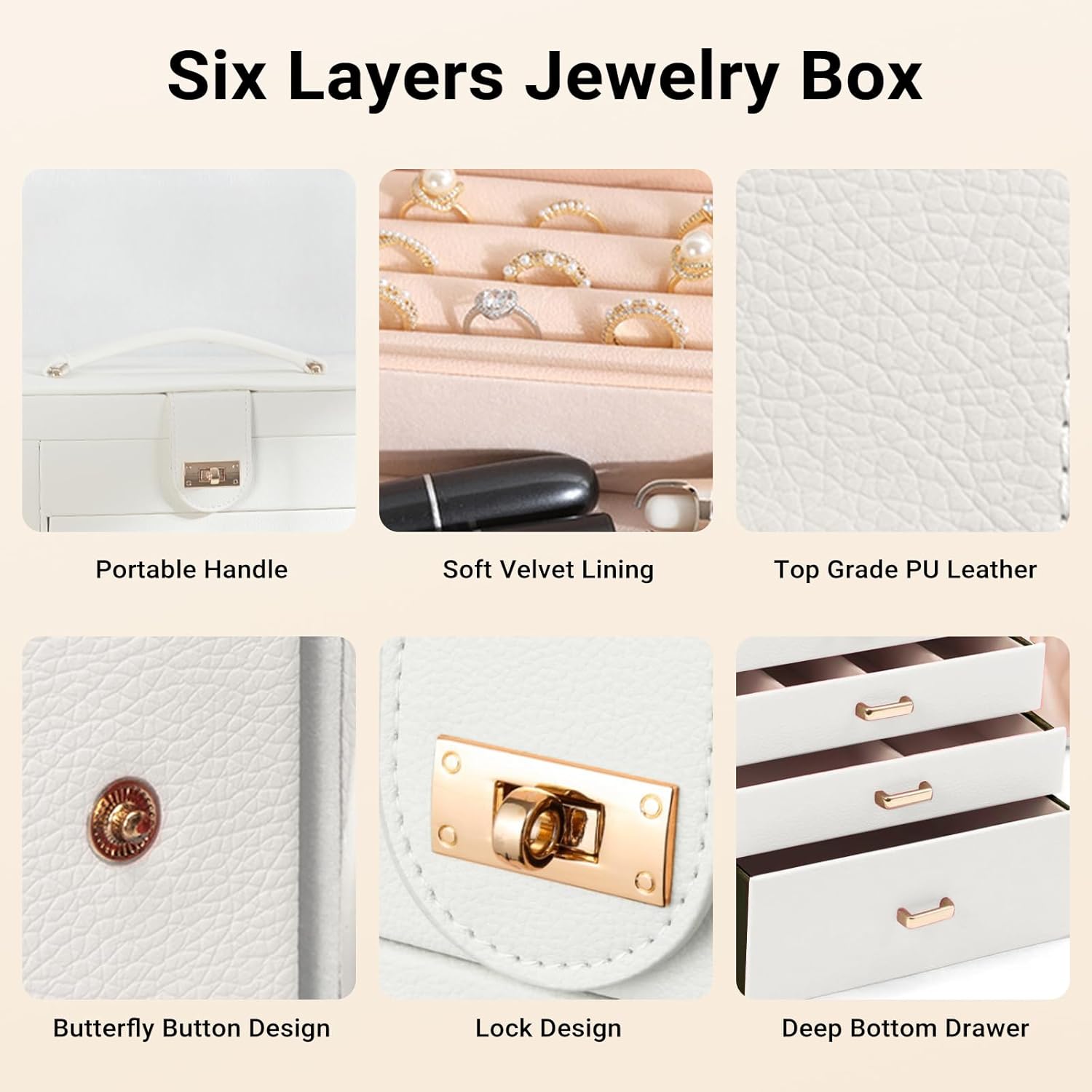 CARLA HOME 6-Layer Large Jewelry Box for Women with Drawers, Mirror, Lock, Necklace Hooks & Side Compartments for Rings, Earrings, Bracelets, Gifts (White)-1978962262630731780