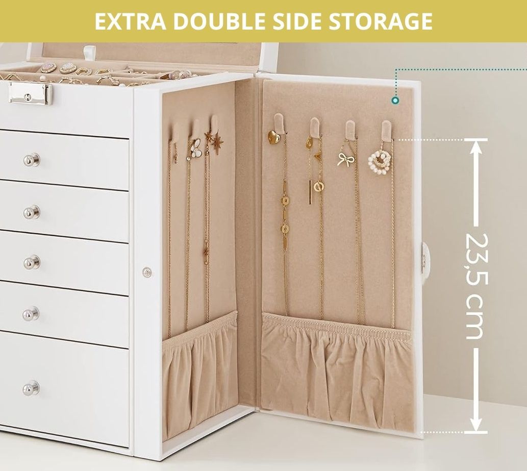 CARLA HOME 6-Layer Large Jewelry Box for Women with Drawers, Mirror, Lock, Necklace Hooks & Side Compartments for Rings, Earrings, Bracelets, Gifts (White)-1978962262630731783