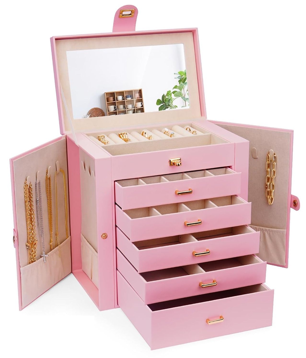 CARLA HOME 6-Layer Large Jewelry Box for Women with Drawers, Mirror, Lock, Necklace Hooks & Side Compartments for Rings, Earrings, Bracelets, Gifts (Pink)-1978962262815281152