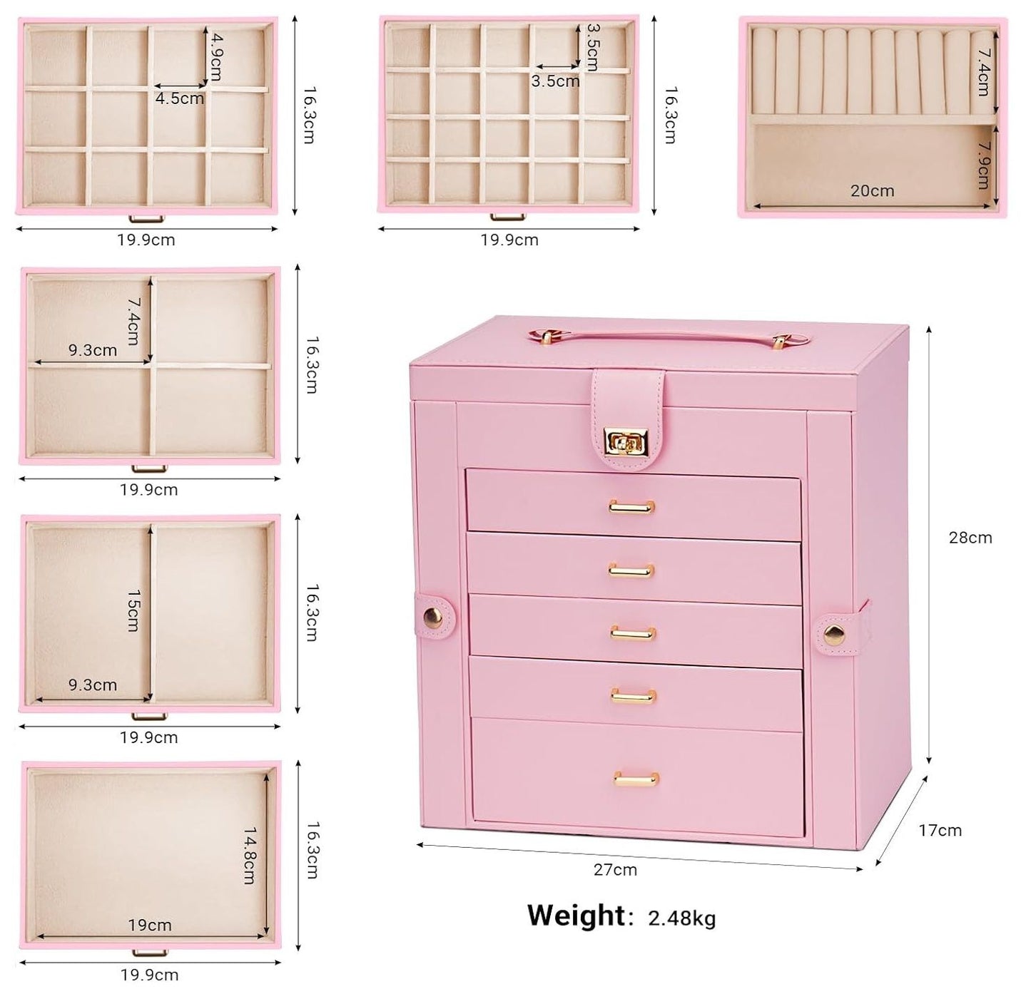 CARLA HOME 6-Layer Large Jewelry Box for Women with Drawers, Mirror, Lock, Necklace Hooks & Side Compartments for Rings, Earrings, Bracelets, Gifts (Pink)-1978962262815281154