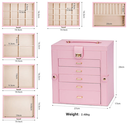 CARLA HOME 6-Layer Large Jewelry Box for Women with Drawers, Mirror, Lock, Necklace Hooks & Side Compartments for Rings, Earrings, Bracelets, Gifts (Pink)-1978962262815281154