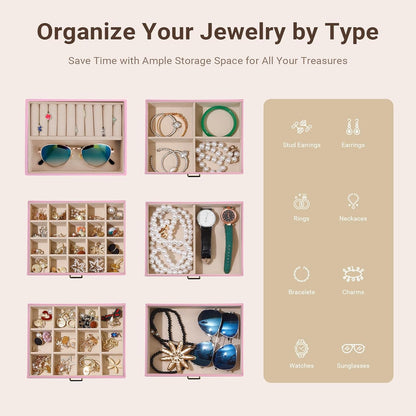 CARLA HOME 6-Layer Large Jewelry Box for Women with Drawers, Mirror, Lock, Necklace Hooks & Side Compartments for Rings, Earrings, Bracelets, Gifts (Pink)-1978962262815281155
