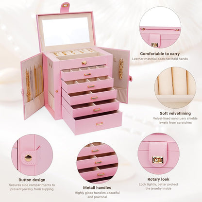 CARLA HOME 6-Layer Large Jewelry Box for Women with Drawers, Mirror, Lock, Necklace Hooks & Side Compartments for Rings, Earrings, Bracelets, Gifts (Pink)-1978962262815281156