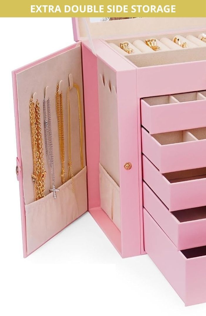 CARLA HOME 6-Layer Large Jewelry Box for Women with Drawers, Mirror, Lock, Necklace Hooks & Side Compartments for Rings, Earrings, Bracelets, Gifts (Pink)-1978962262815281159