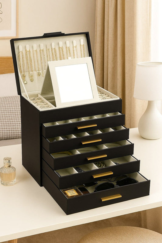 CARLA HOME  6-Layer Large Jewelry Organizer Box for Women with Mirror, Drawers, Hooks & Dividers for Rings, Necklaces, Bracelets, Ideal Gift for Women (Black)-1978962262983053313