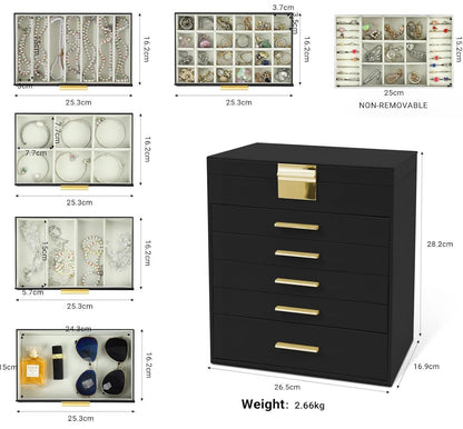 CARLA HOME  6-Layer Large Jewelry Organizer Box for Women with Mirror, Drawers, Hooks & Dividers for Rings, Necklaces, Bracelets, Ideal Gift for Women (Black)-1978962262983053314