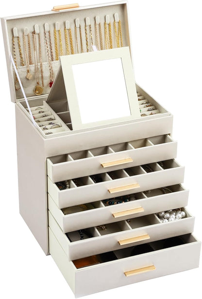 CARLA HOME  6-Layer Large Jewelry Organizer Box for Women with Mirror, Drawers, Hooks & Dividers for Rings, Necklaces, Bracelets, Ideal Gift for Women (White)-1978962263146631168