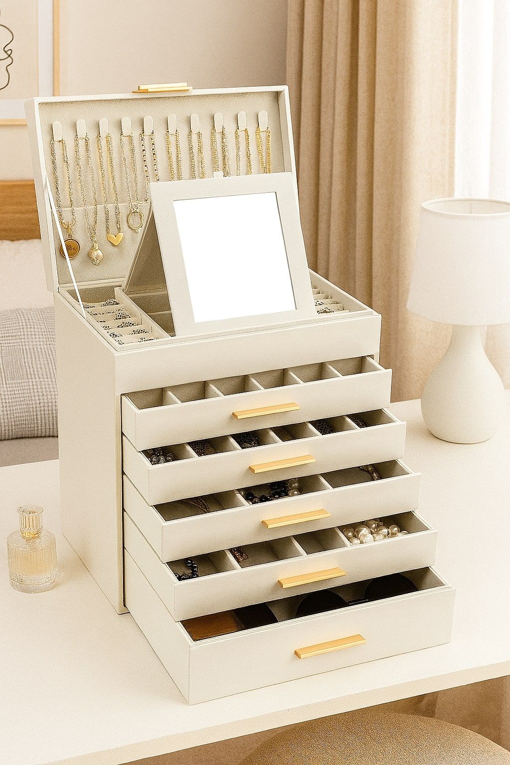 CARLA HOME  6-Layer Large Jewelry Organizer Box for Women with Mirror, Drawers, Hooks & Dividers for Rings, Necklaces, Bracelets, Ideal Gift for Women (White)-1978962263146631169