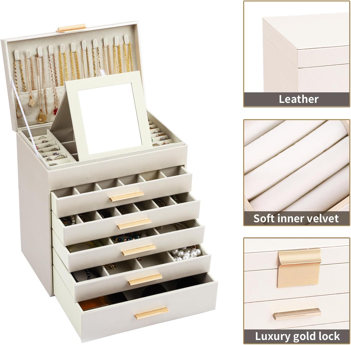 CARLA HOME  6-Layer Large Jewelry Organizer Box for Women with Mirror, Drawers, Hooks & Dividers for Rings, Necklaces, Bracelets, Ideal Gift for Women (White)-1978962263146631171