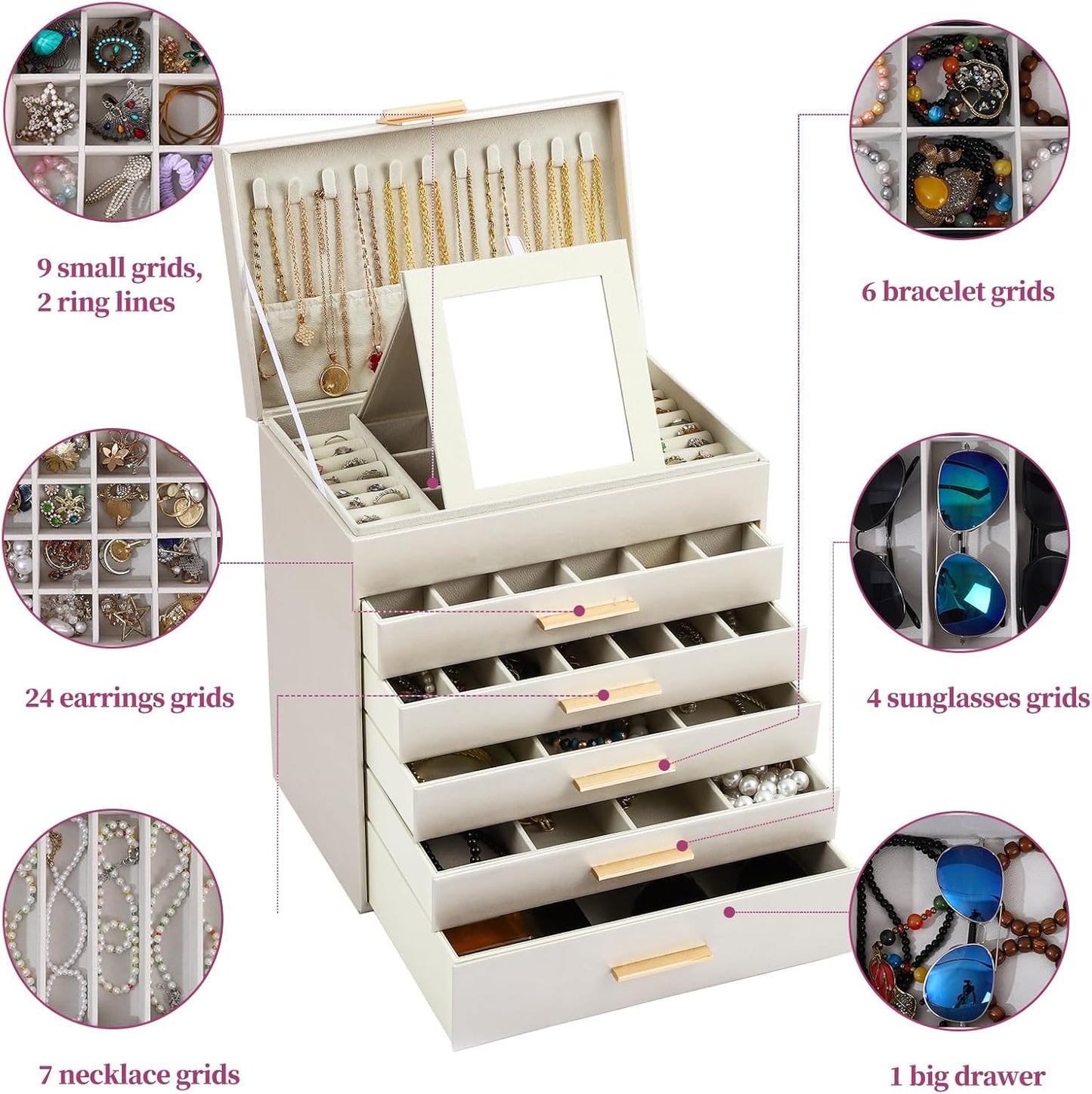 CARLA HOME  6-Layer Large Jewelry Organizer Box for Women with Mirror, Drawers, Hooks & Dividers for Rings, Necklaces, Bracelets, Ideal Gift for Women (White)-1978962263146631173
