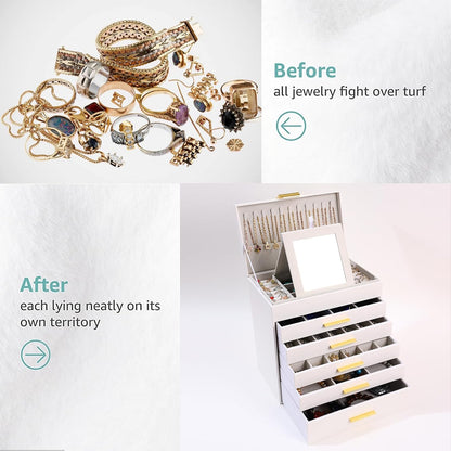 CARLA HOME  6-Layer Large Jewelry Organizer Box for Women with Mirror, Drawers, Hooks & Dividers for Rings, Necklaces, Bracelets, Ideal Gift for Women (White)-1978962263146631174
