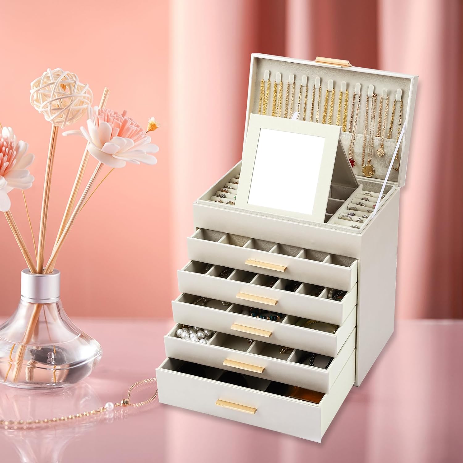 CARLA HOME  6-Layer Large Jewelry Organizer Box for Women with Mirror, Drawers, Hooks & Dividers for Rings, Necklaces, Bracelets, Ideal Gift for Women (White)-1978962263146631175