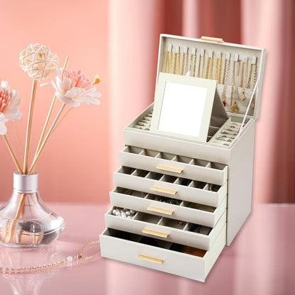 CARLA HOME  6-Layer Large Jewelry Organizer Box for Women with Mirror, Drawers, Hooks & Dividers for Rings, Necklaces, Bracelets, Ideal Gift for Women (White)-1978962263146631175