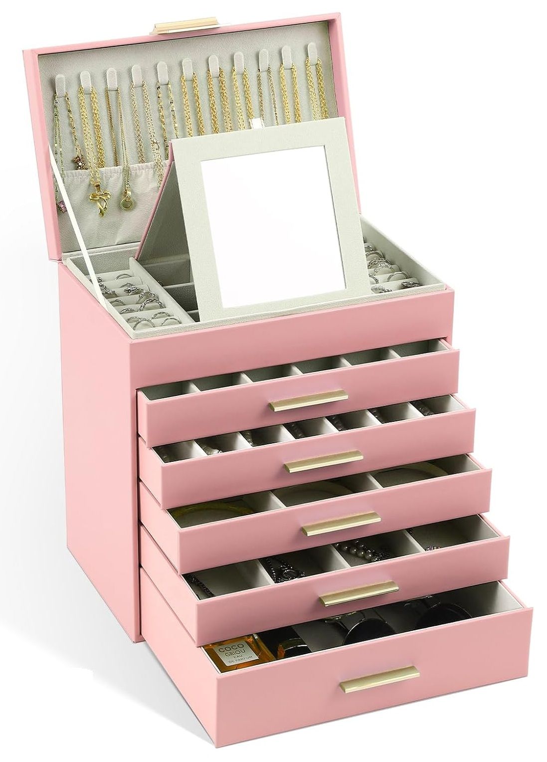 CARLA HOME  6-Layer Large Jewelry Organizer Box for Women with Mirror, Drawers, Hooks & Dividers for Rings, Necklaces, Bracelets, Ideal Gift for Women (Pink)-1978962263310209024