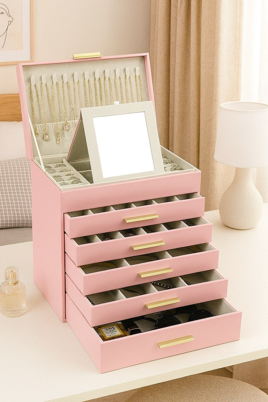CARLA HOME  6-Layer Large Jewelry Organizer Box for Women with Mirror, Drawers, Hooks & Dividers for Rings, Necklaces, Bracelets, Ideal Gift for Women (Pink)-1978962263310209025
