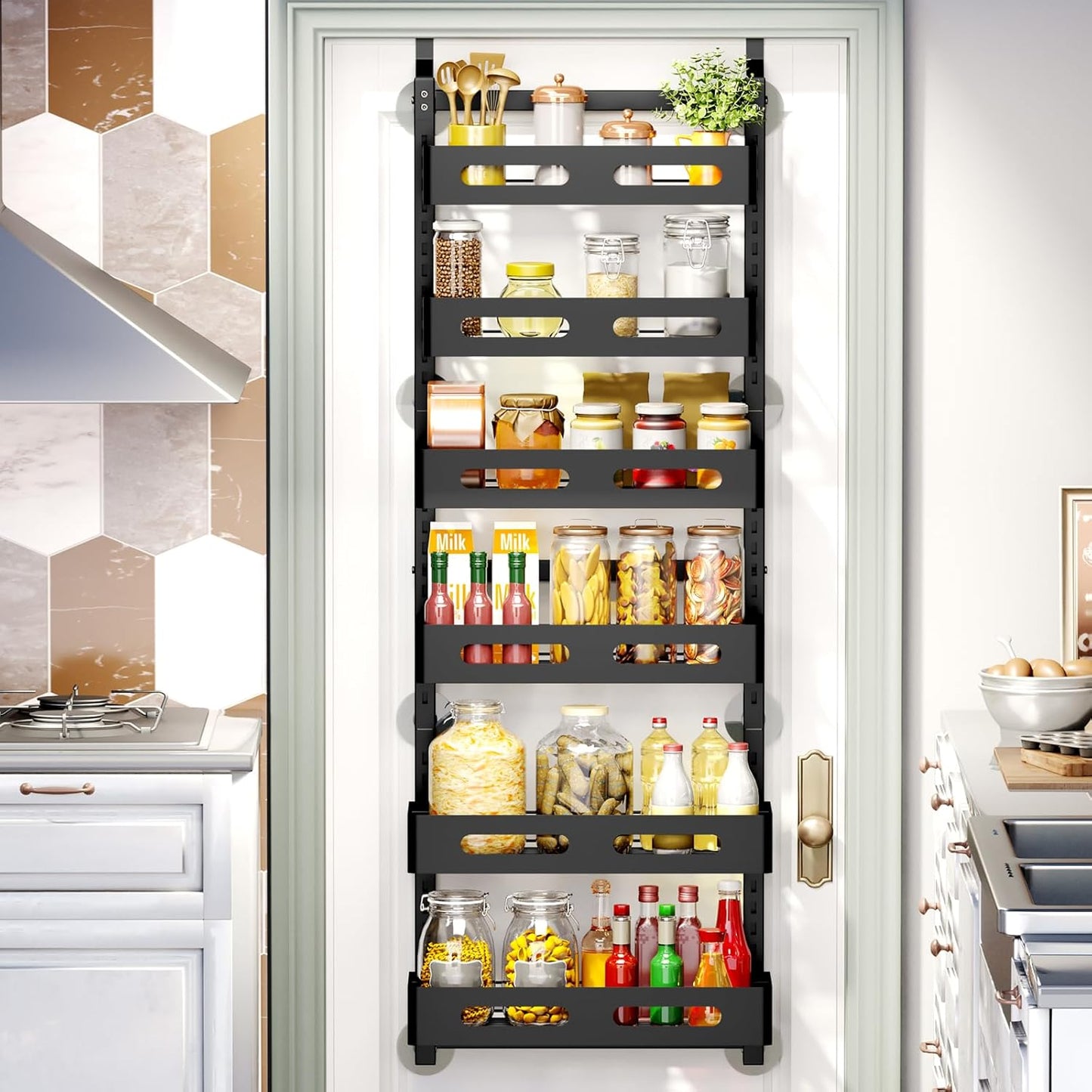 CARLA HOME 6 Tier Over the Door Organizer with Adjustable Metal Pantry Storage Rack and Hanging Baskets for Kitchen and Bathroom-1978962265008902144
