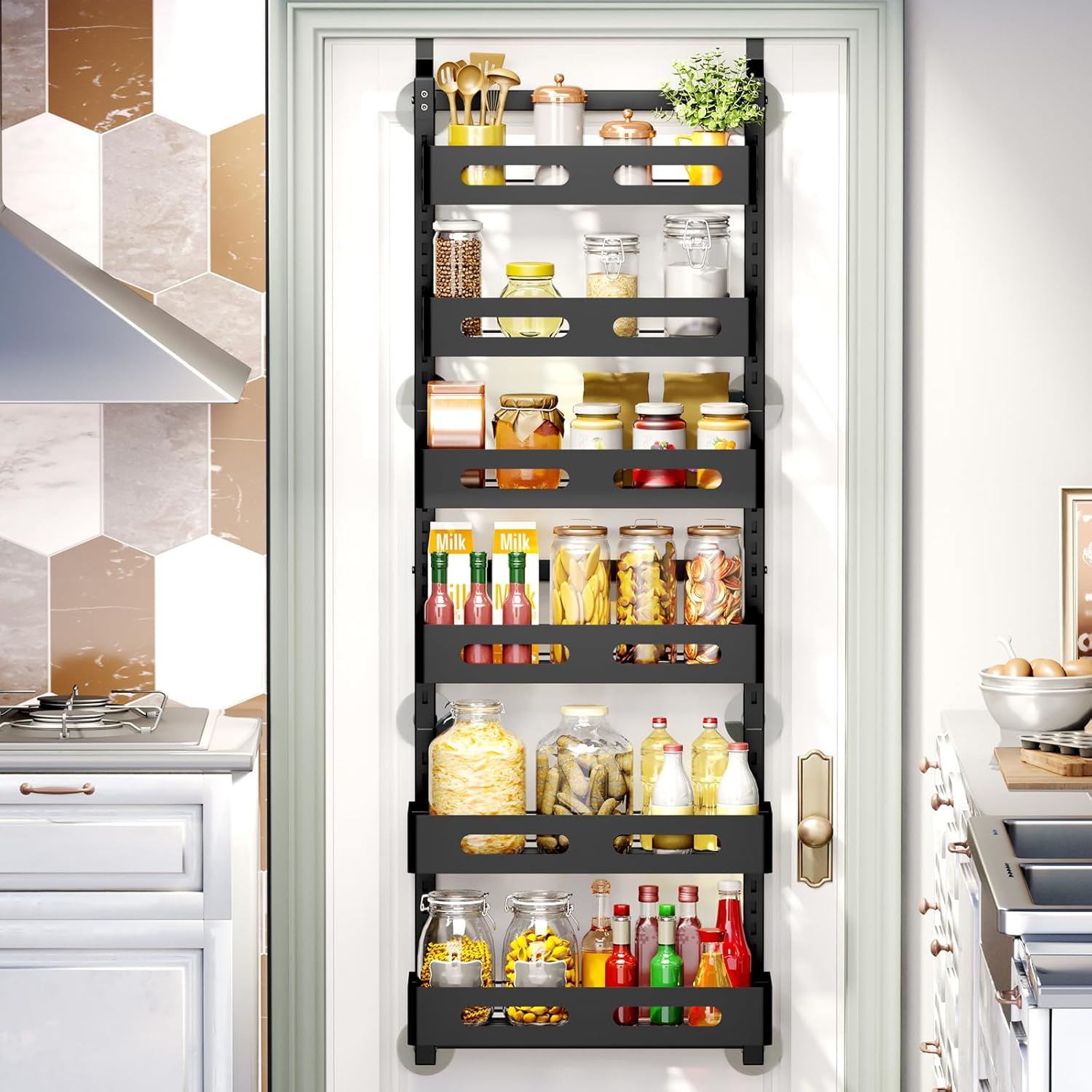 CARLA HOME 6 Tier Over the Door Organizer with Adjustable Metal Pantry Storage Rack and Hanging Baskets for Kitchen and Bathroom-1978962265008902144