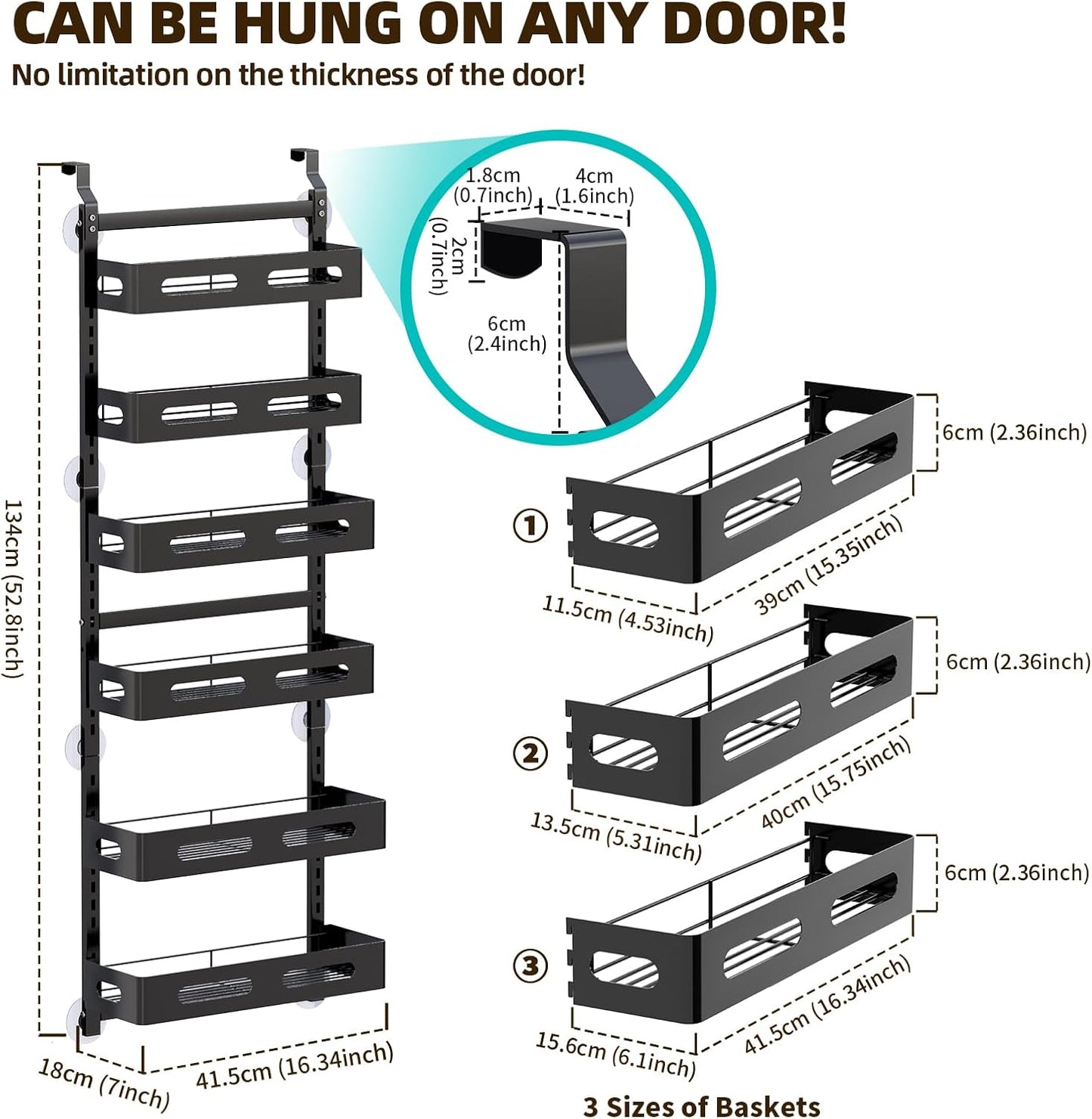 CARLA HOME 6 Tier Over the Door Organizer with Adjustable Metal Pantry Storage Rack and Hanging Baskets for Kitchen and Bathroom-1978962265008902145