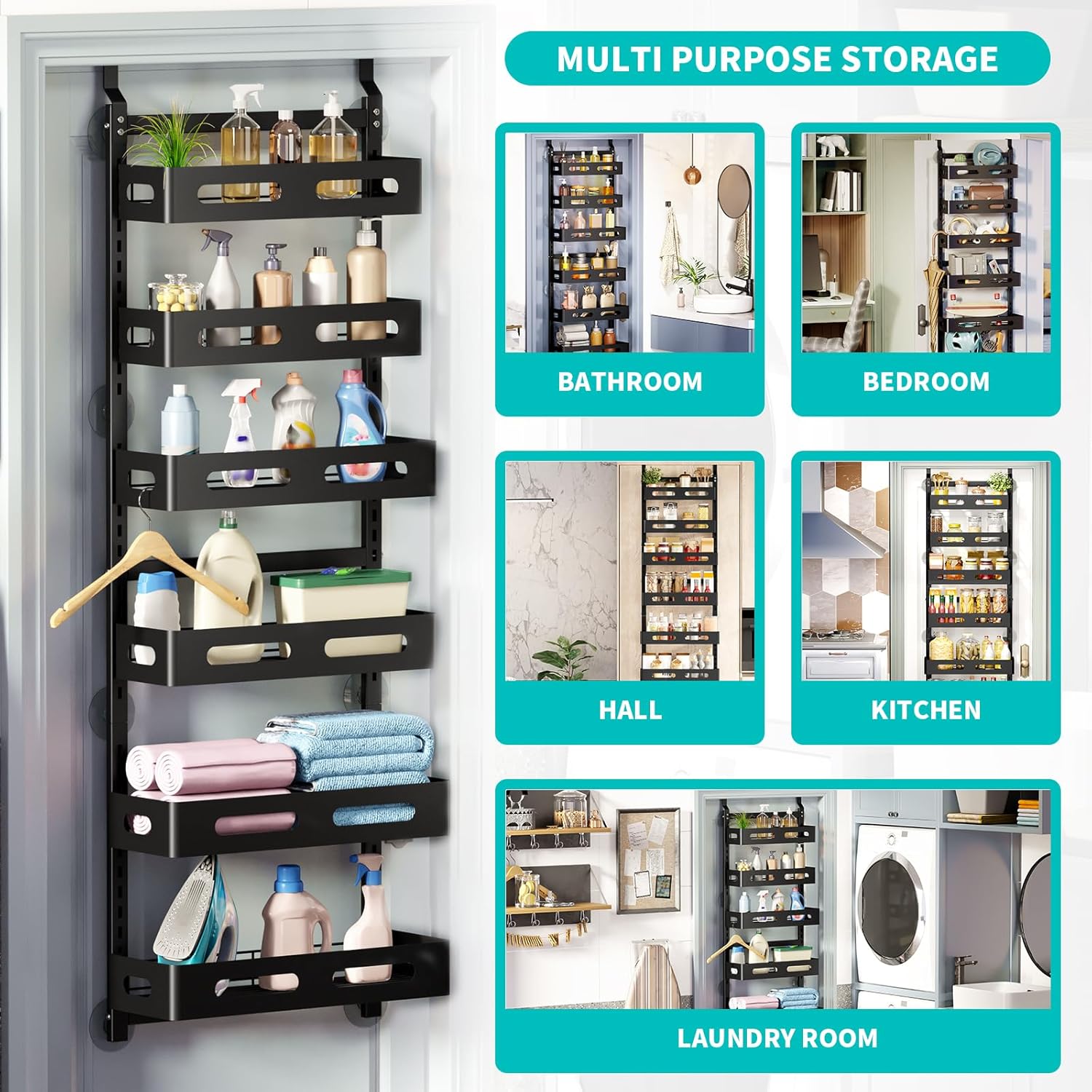CARLA HOME 6 Tier Over the Door Organizer with Adjustable Metal Pantry Storage Rack and Hanging Baskets for Kitchen and Bathroom-1978962265008902150