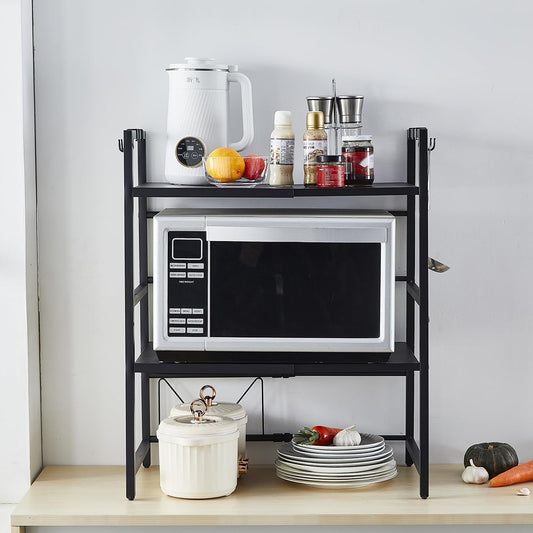 CARLA HOME 3-Tier Microwave Oven Rack with Adjustable Metal Kitchen Shelf Stand for Countertop Storage and 6 Hooks for Utensils-1978962265201840129
