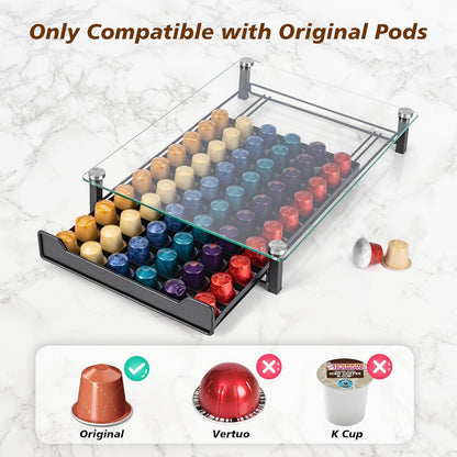 CARLA HOME 60 Coffee Pod Holder Drawer with Tempered Glass Capsule Organizer for Nespresso Pods and Sliding Drawer for Kitchen Countertop-1978962265700962305