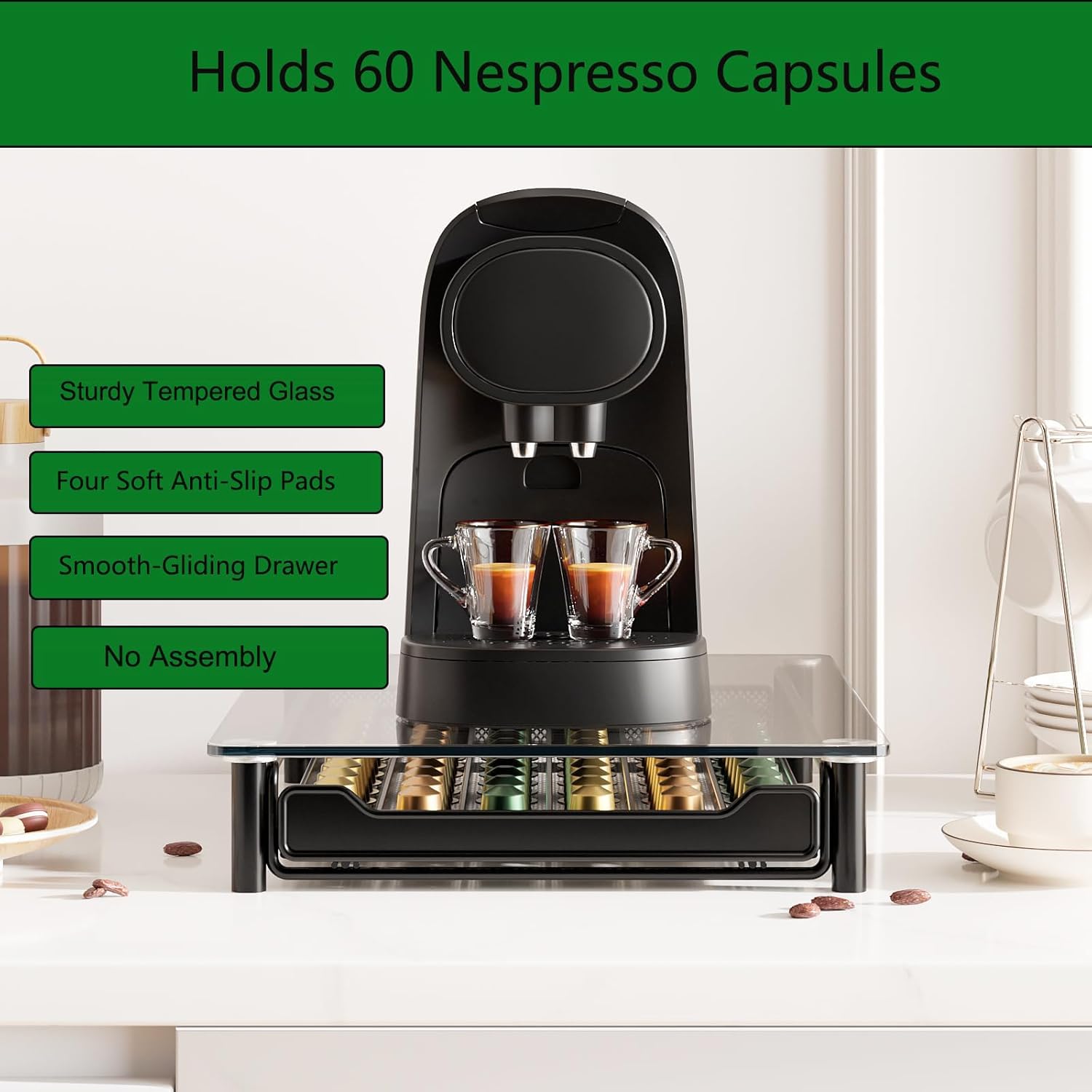 CARLA HOME 60 Coffee Pod Holder Drawer with Tempered Glass Capsule Organizer for Nespresso Pods and Sliding Drawer for Kitchen Countertop-1978962265700962306
