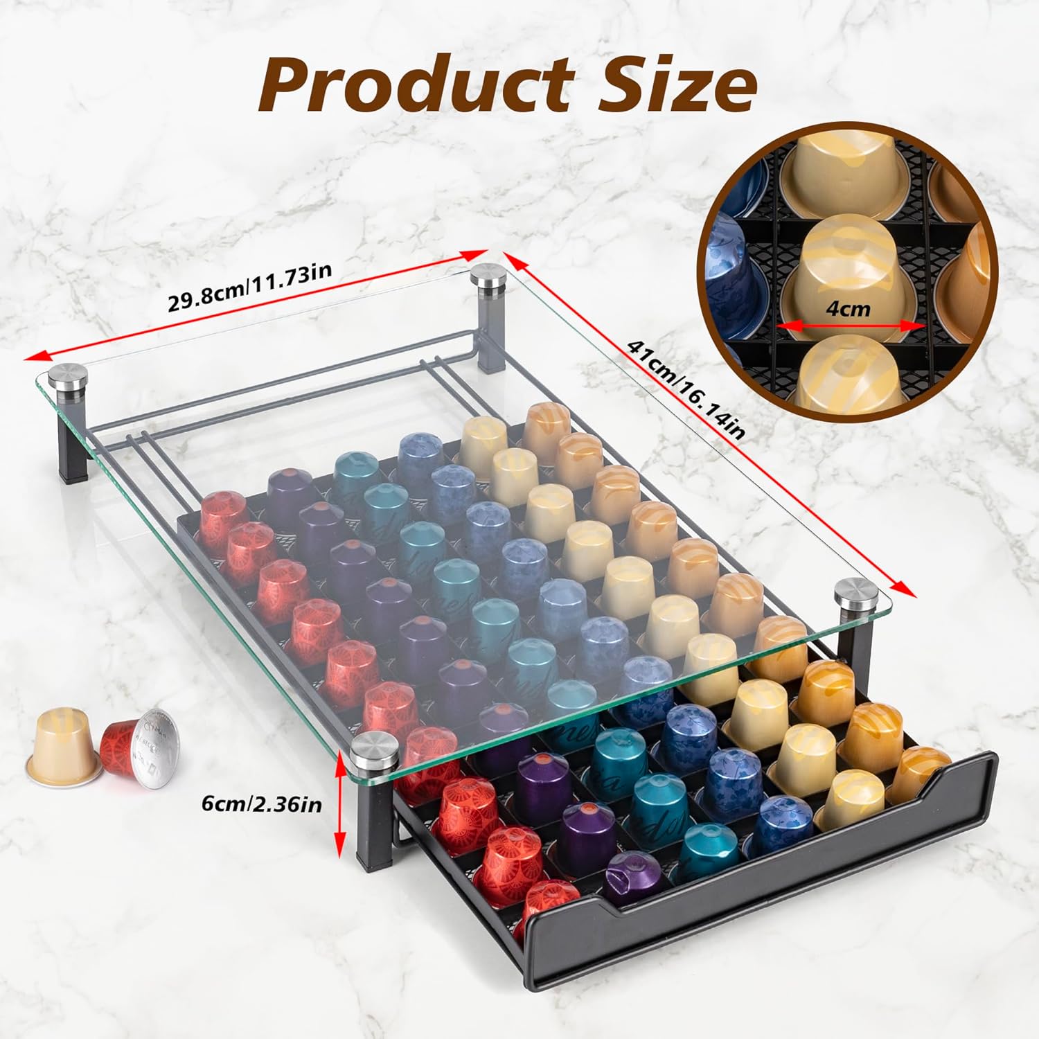 CARLA HOME 60 Coffee Pod Holder Drawer with Tempered Glass Capsule Organizer for Nespresso Pods and Sliding Drawer for Kitchen Countertop-1978962265700962310