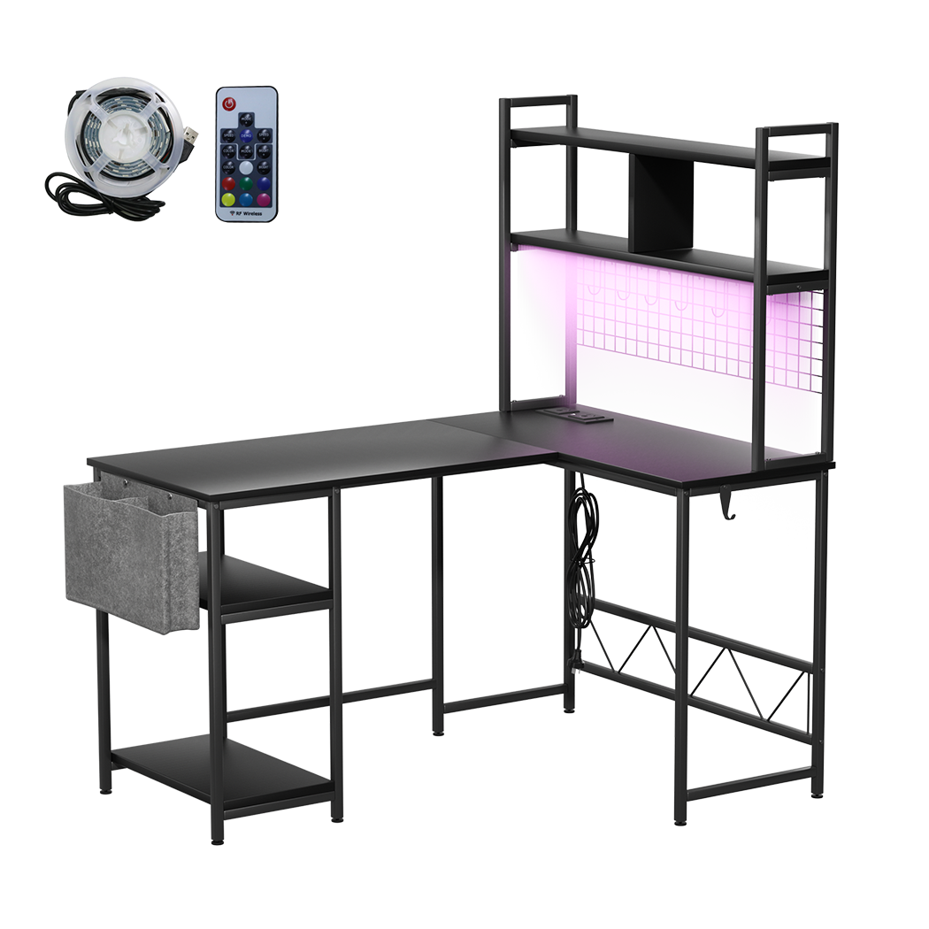 Levede L Shaped Gaming Desk with LED Lights Black-1975420366776045576