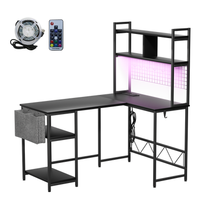 Levede L Shaped Gaming Desk with LED Lights Black-1975420366776045576