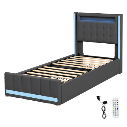 Levede Single Bed Frame Fabric Storage Drawer LED USB-1973194180901605384