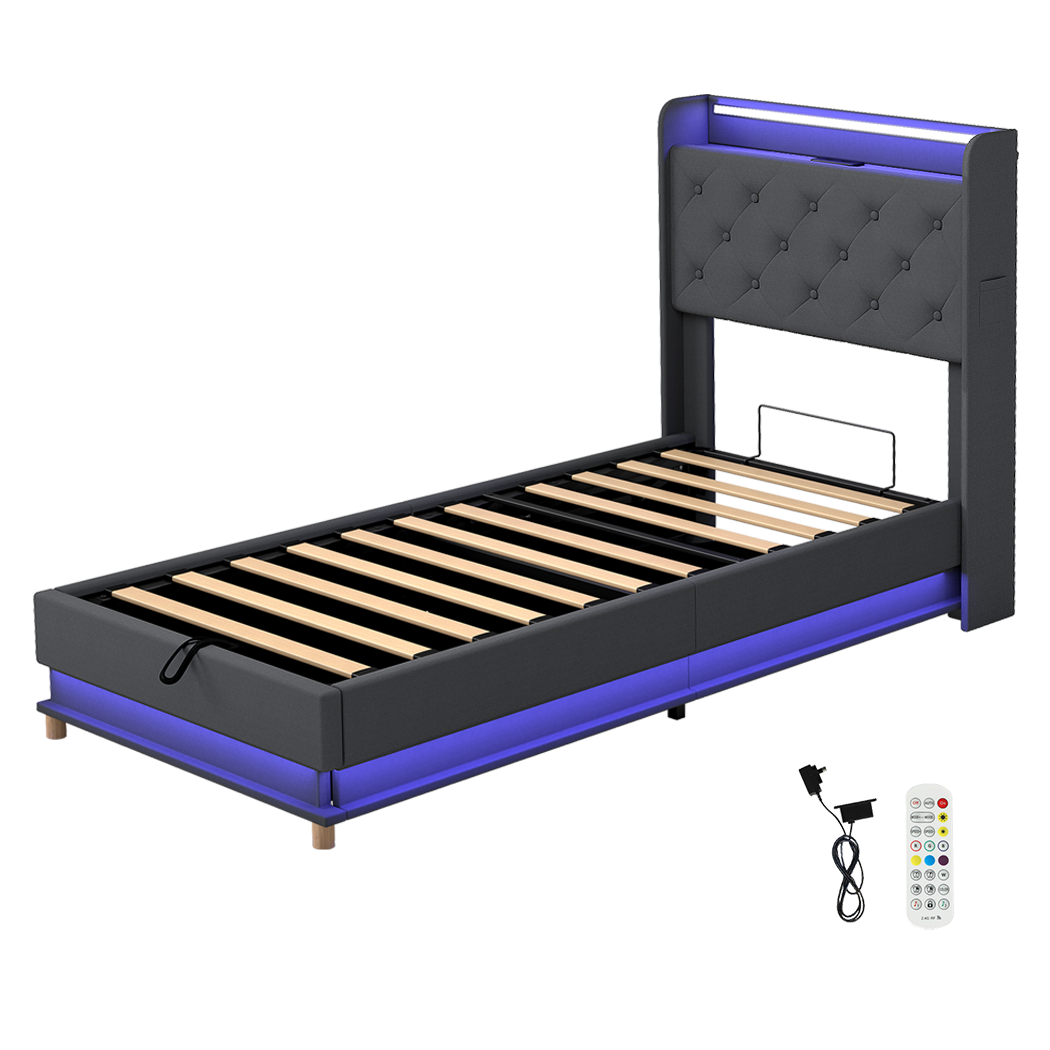 Levede Single Bed Frame Gas Lift Storage LED Light USB-1973194180511535112