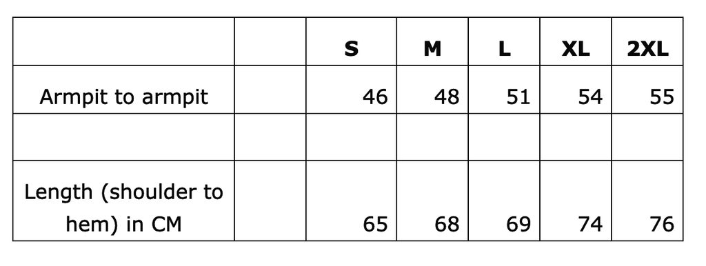 Measurement chart for clothing size S to 2XL with armpit to armpit distance and shoulder to hem length.