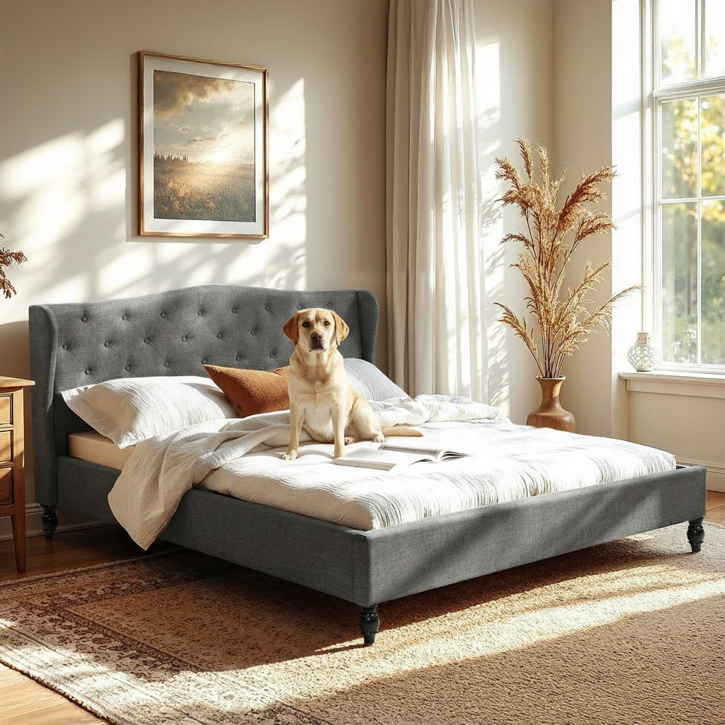 King Bed Frame – Wingback Headboard Grey Linen Upholstered Platform Bed Base